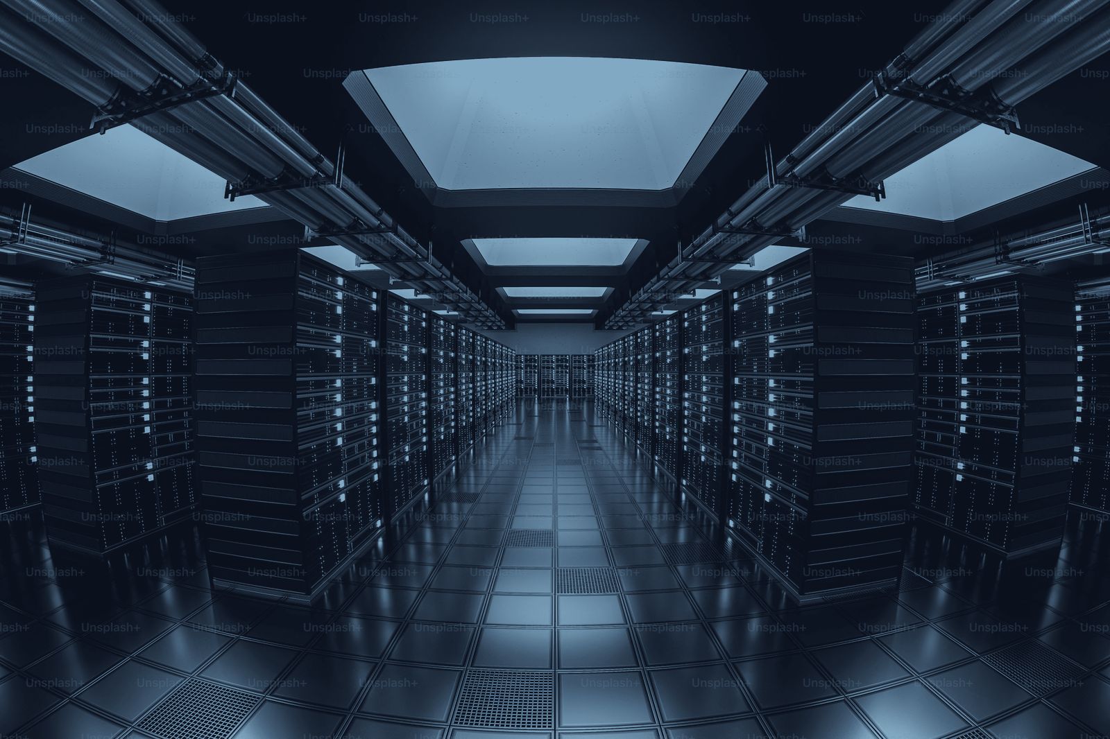 Rows of industrial server racks in a datacenter corridor